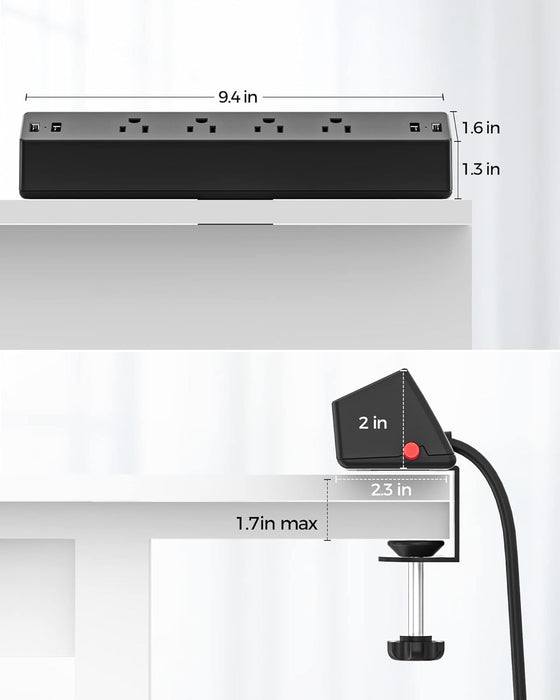 Desk Clamp Power Strip, 4 AC Outlets 4 USB Ports, Fit 1.7in Tabletop Edge
