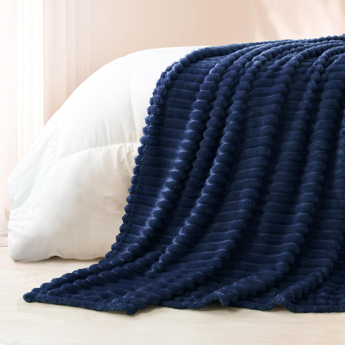 Striped Fleece Throw Blanket for Couch, Sofa, Navy Blue