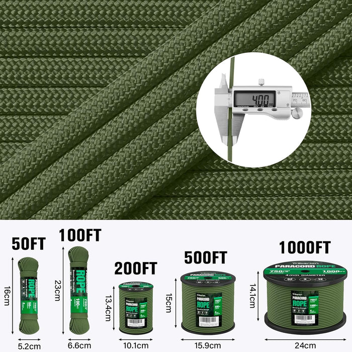 Paracord Rope 750 lb - 1000ft / 500ft / 200ft / 100ft 5/32" Parachute Cord 4MM 12-Strand para Cord - Heavy Duty Spool St