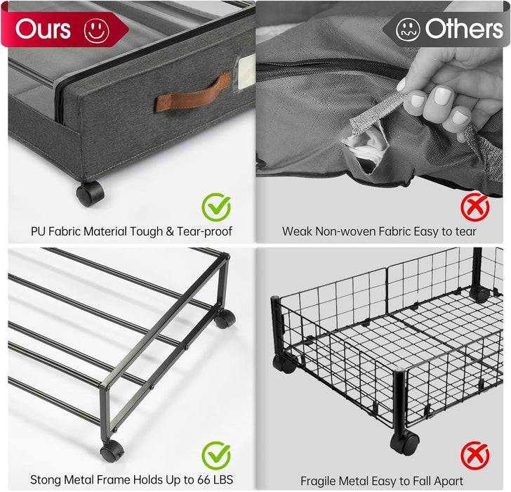 Under Bed Storage with Wheels, 2Pack Under Bed Storage Containers, Underbed Shoe Storage Organizer, Rolling Under Bed Metal Drawers for Clothes, Blankets(30.71 x 16.93 x 6.69 in)