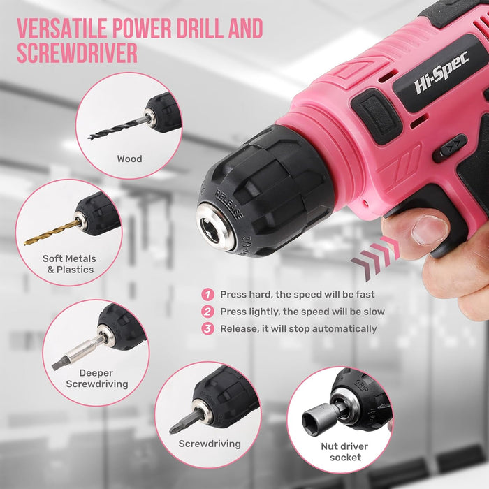 8V Cordless Drill Set & Starter Tool Kit for Women, Pink