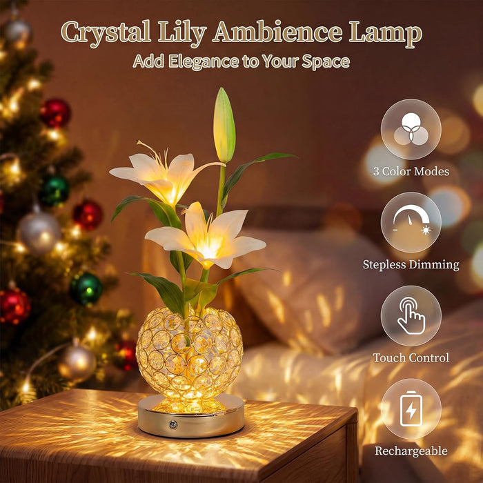 Stargazer Lily Crystal Table Lamp, Rechargeable Touch Flowers Lamp