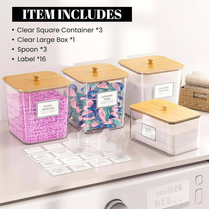 Laundry Pods Storage Container, Clear Acrylic Laundry Room Organization and Storage ,Detergent Powder Container,with Wooden Lids & Labels, 3+1 Pack