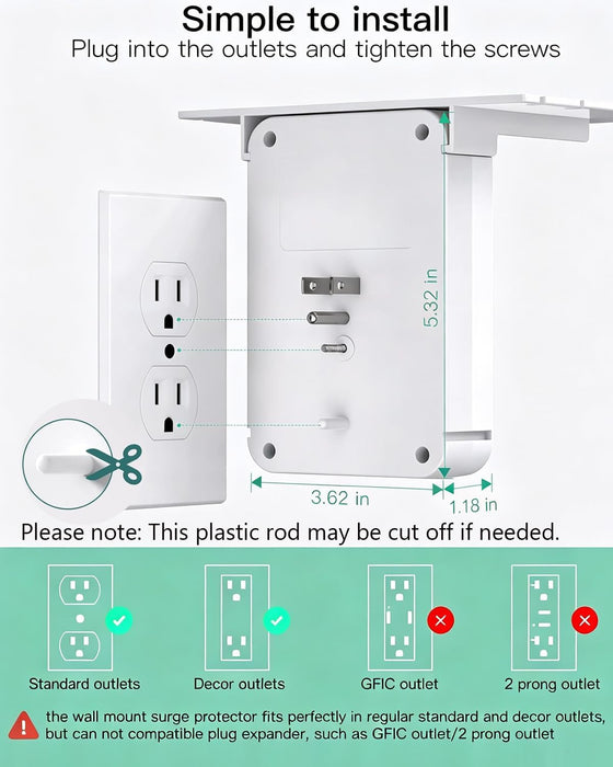 Wall Outlet Extender with Surge Protector, 6 AC Outlets, with Shelf
