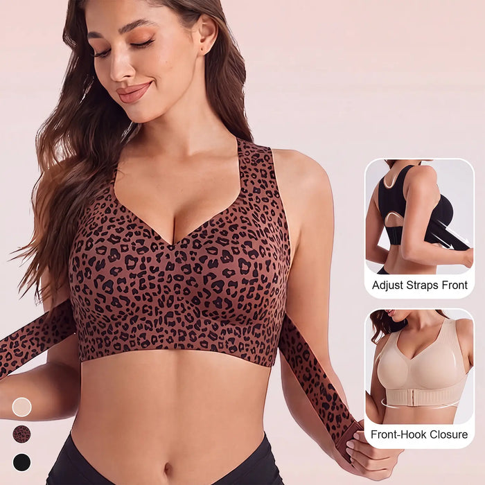 Women'S Animal Print V Neck Posture Sports Bra Wire Free, Breathable Mesh, Removable Pads, Gentle Support, Machine Washable, Minimizer Jelly Alternative for Yoga & Gym Workouts, Bras for Women Posture Shaping Bra Sporty Bra