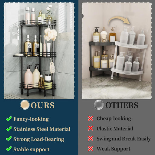Corner Shower Caddy Standing - 3-Tier Stainless Steel Shower Organizer with Soap Holder and 4 Hooks, Large Capacity Corn