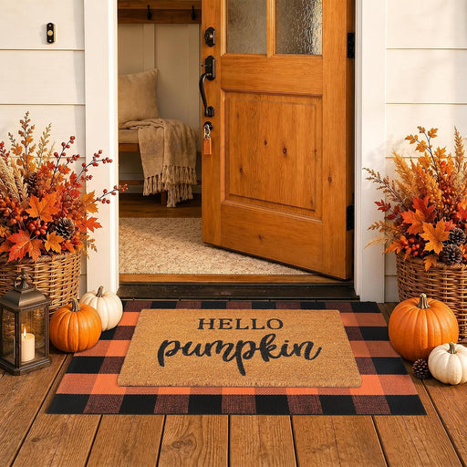 Fall Decor Door Mat Combo Set, 100% Coco Coir Welcome Mat + 28 x 43 Inches Orange and Black Plaid Rug- Fall Thanksgiving Front Porch Entryway Floor Doormat, Indoor Outdoor Autumn Mats Hello Pumpkin
