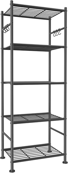 5-Tier Storage Rack Organizer with Hooks, Heavy Duty Metal Garage Rack with Leveling Feet, Freestanding Utility Rack for