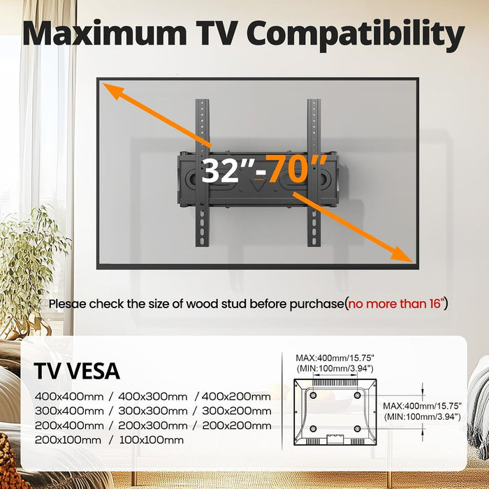 50 55 65 inch Full Motion TV Wall Mount for 32-70 inch TV Bracket,Dual articulating Arms Mount, Tilt Swivel Extension Level, Max VESA 400x400mm, 16" Studs, 110 lbs,Fit Most 40 43 50+ TVs