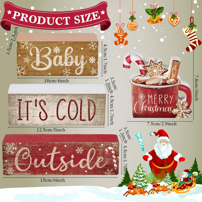 4 Pcs Christmas Table Decorations Indoor, Hot Cocoa Wood Block Sign