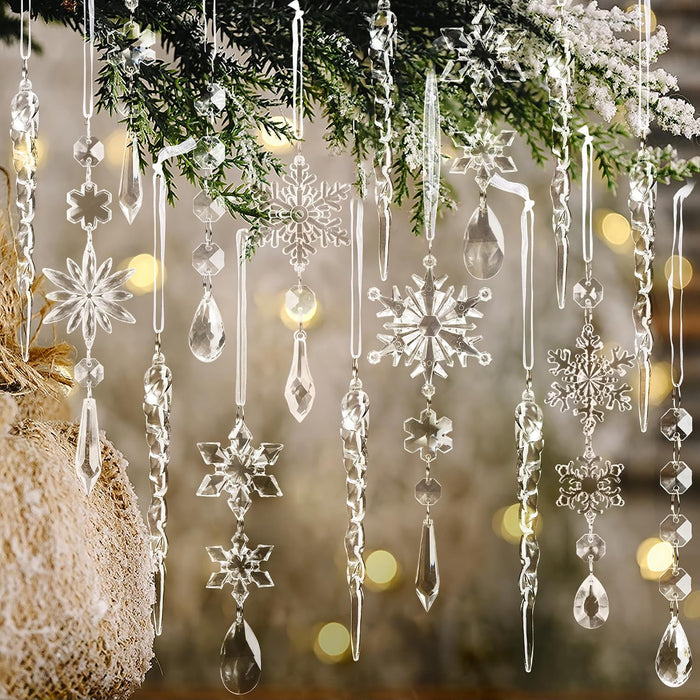 Crystal Christmas Tree Ornaments, Clear Acrylic Snowflake & Icicle, 18pcs