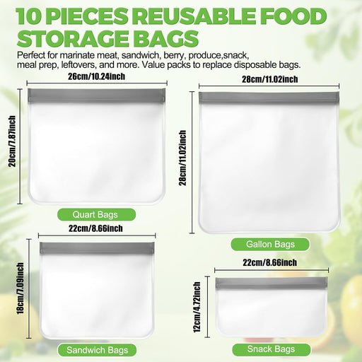 10 Pack Reusable Freezer Bags, Extra Thick Leakproof Food Storage Bags BPA-Free Plastic Storage Bags for Marinate Meat S