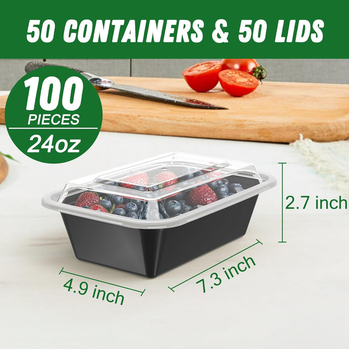 50 Pack (100-Piece) 24 oz Meal Prep Containers Reusable with Lids
