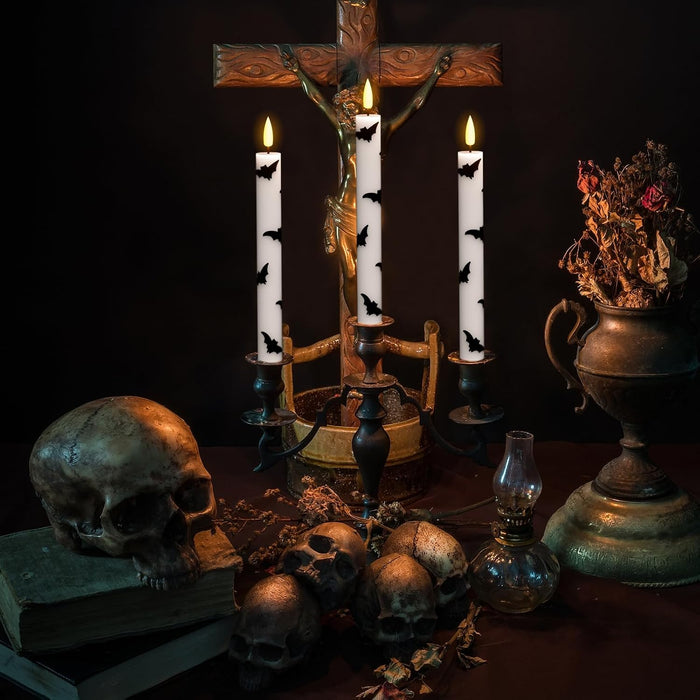 Halloween Flameless Taper Candles with Remote Timer, Bat Prints