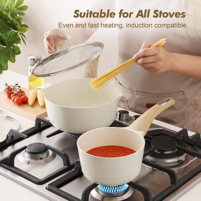 Ceramic Nonstick Sauce Pan with Lid, 1.5 Quart Small Saucepan, White Cooking Pot with Stay Cool Handle, Non toxic Kitchen Sauce Pot, Non stick Sauciers, Induction Pot, PFOA PTFE PFAS Free