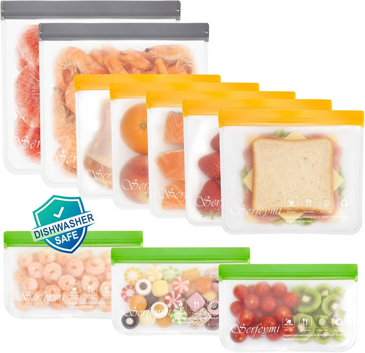 10 Pack Reusable Gallon Freezer Bags Dishwasher Safe, Extra Thick Reusable Plastic Bags BPA Free, Leak Proof Food Storage Bags with 3 Sizes for Meat, Travel - 2 Gallon 5 Sandwich 3 Snack