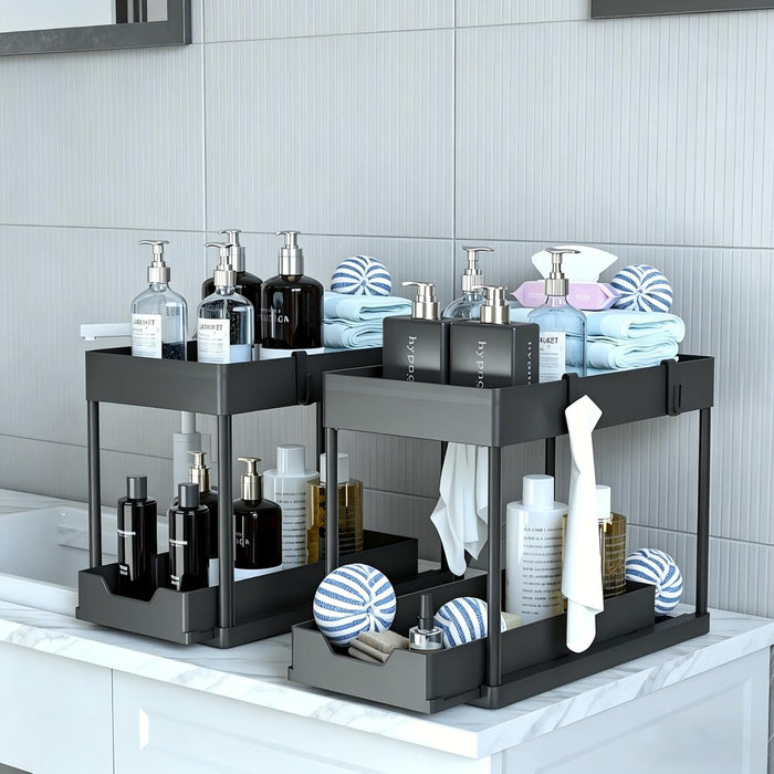 Under Sink Organizer 2 Pack, Bathroom Cabinet Organizer, 2 Tier Sliding Cabinet Basket Organizer Drawer, Multi-Purpose B