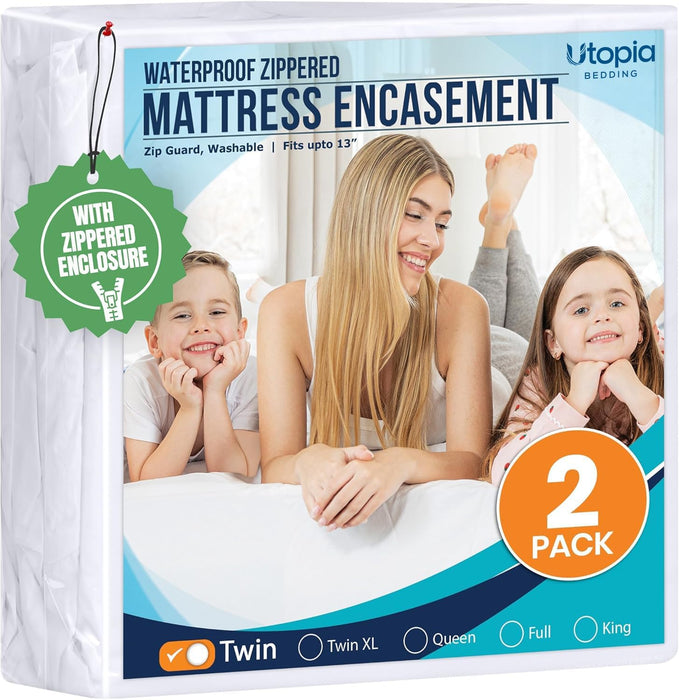 Mattress Protector Zippered Twin Size (Pack of 2), 100% Waterproof Bed Bug and Dust Mite Proof Mattress Encasement, Absorbent 6 Sided Mattress Cover