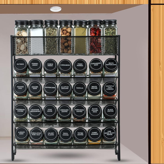 Spice Rack Organizer with 28 Spice Jars, Black Lids, Spice Labels
