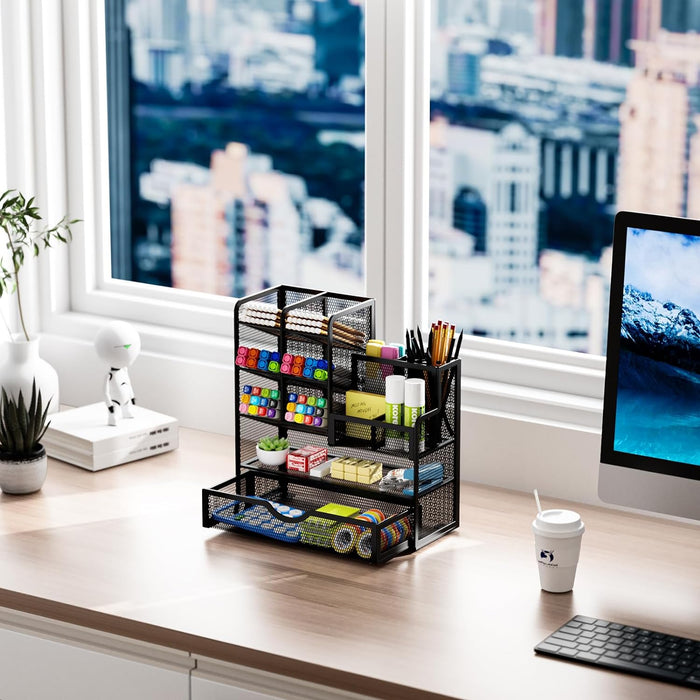 Mesh Pen Holder for Desk, Multi-Functional Pencil Organizer with Drawer, Desk Organizers and Accessories for Office Art 