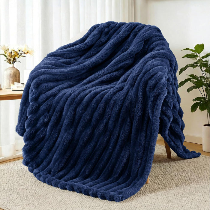 Striped Fleece Throw Blanket for Couch, Sofa, Navy Blue