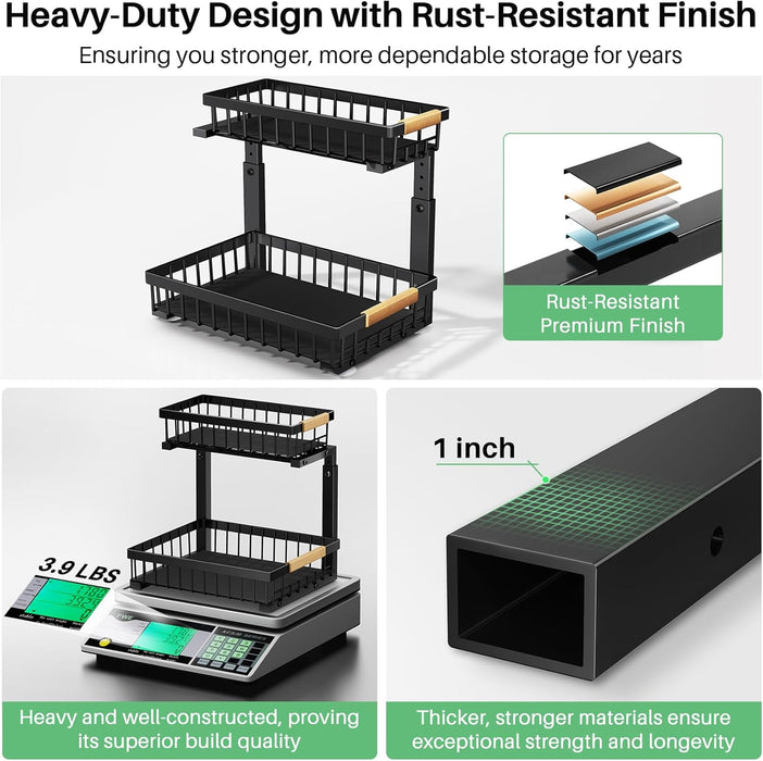 Under Sink Organizer, 2 Tier Under the Sink Storage, Slide out Pull out Cabinet Organizer Shelf, Metal Sliding Drawer for Kitchen Bathroom Pantry Closet Organization Rack, Black, 2 Pack