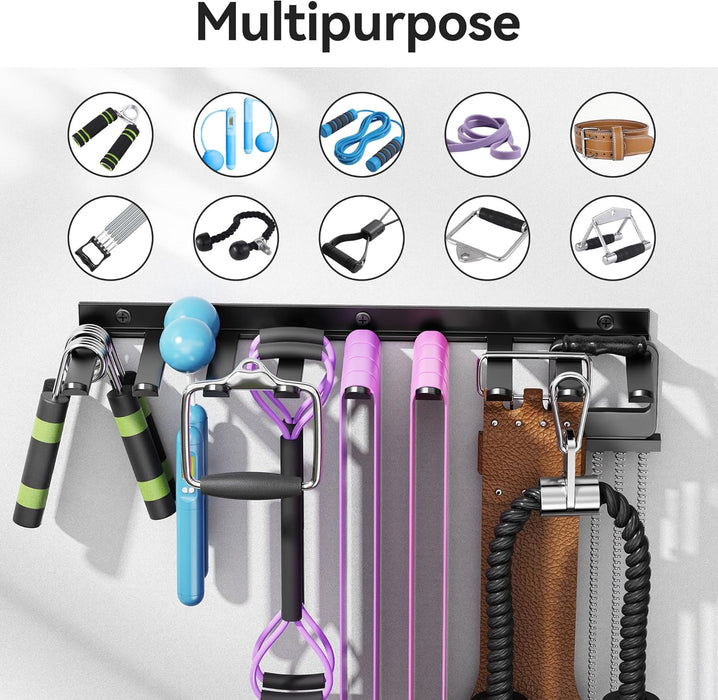 Wall-Mounted Home Gym Equipment Storage Rack for Resistance Bands, Barbell Bars, Cable Attachments, Lifting Belts, Jump 