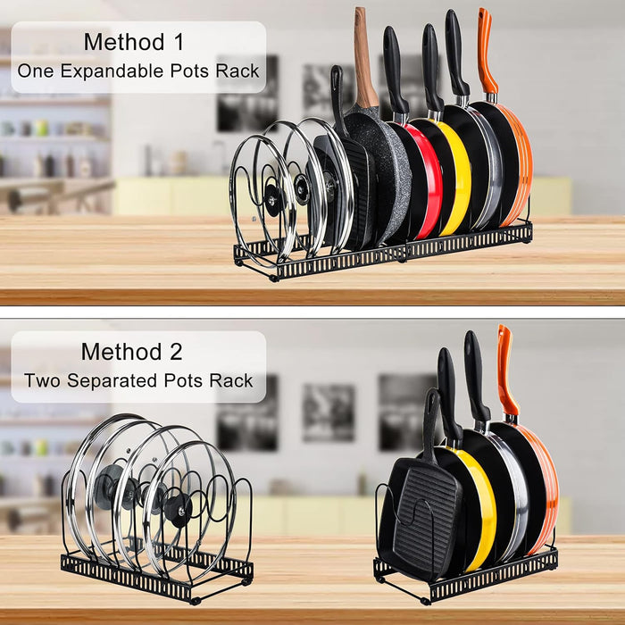Pots and Pans Organizer Rack for Cabinet and Countertop, 10+ Pot Lids, Bakeware and Cookware Holder with 10 Adjustable Compartments - Black