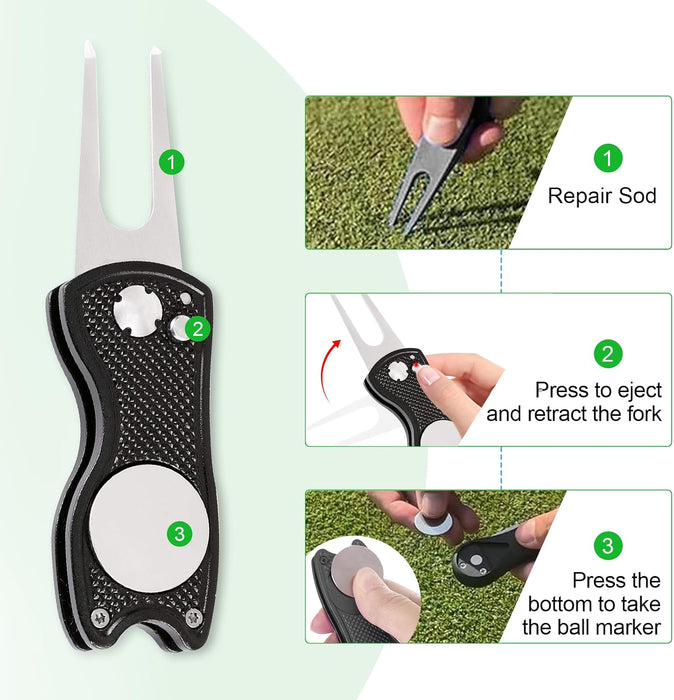 Golf Towel Kit, Foldable Divot Tool with Magnetic Ball Marker & Club Groove Cleaner Brush, Microfiber Waffle Golf Towel with Clip,Golf Accessories Men & Women