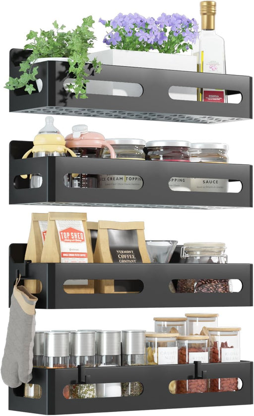 4-Pack Magnetic Spice Rack for Refrigerator with Hooks, Black