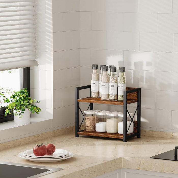 Countertop Shelf Organizer, 2 Tier Kitchen Spice Rack for Countertop, Wood Coffee Counter Shelf Organizer for Home (Brow