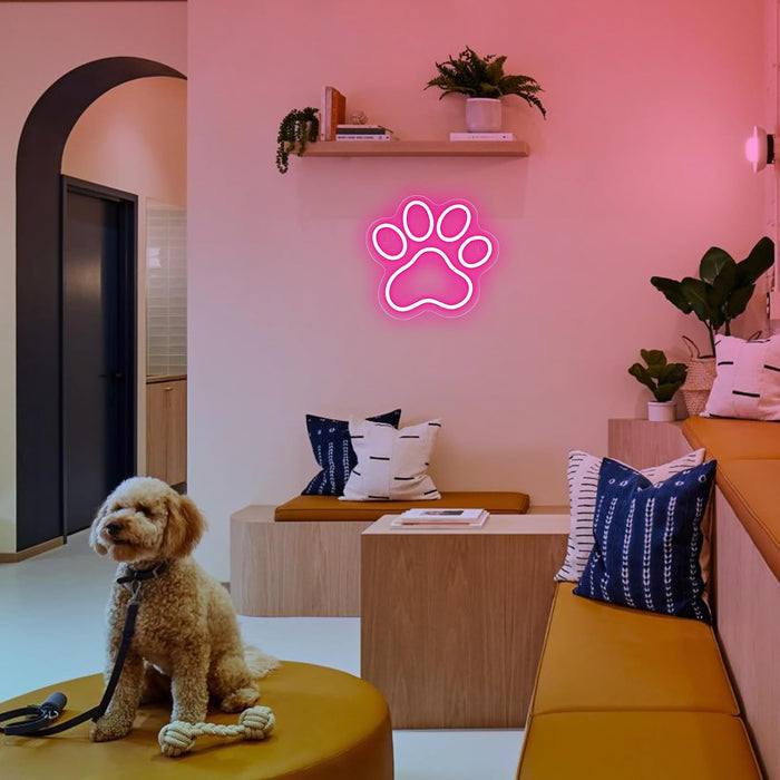 Dog Cat Paw Neon Sign for Wall Decor, Dimmable Pink Foot Print LED Signs