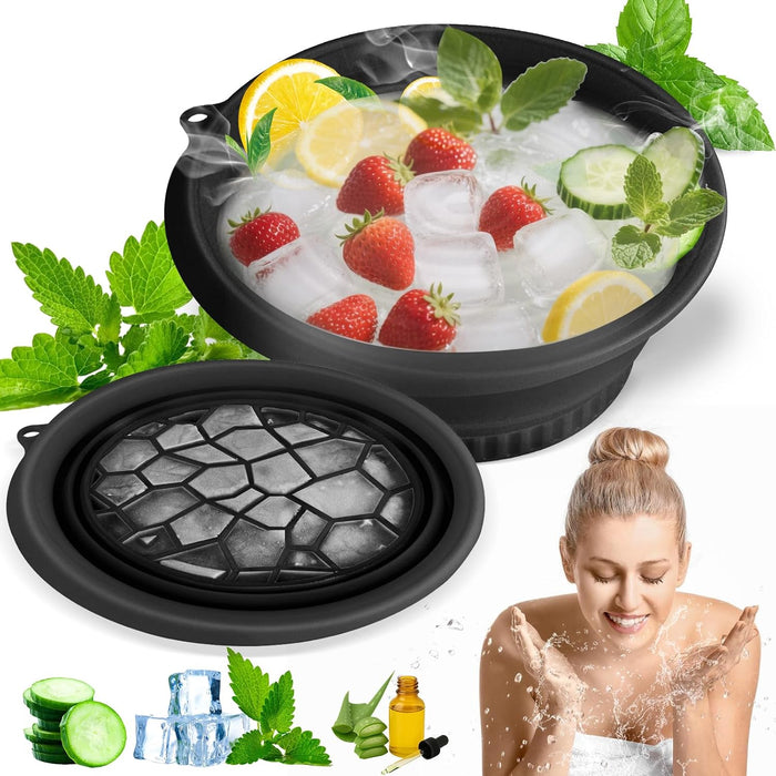 Face Ice Bath Bowl with Built-In Ice Tray,Collapsible Silicone,Black