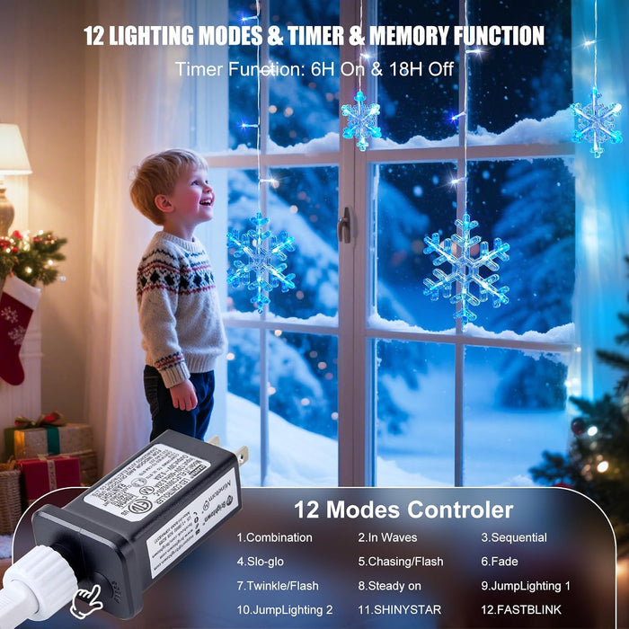 Christmas Snowflake Lights - 13ft 192LED Snowflake Icicle Lights with 16 Drops, 12 Modes and Timer, IP65 Waterproof Connectable Christmas Light for House Eave Window Indoor Outdoor Decoration