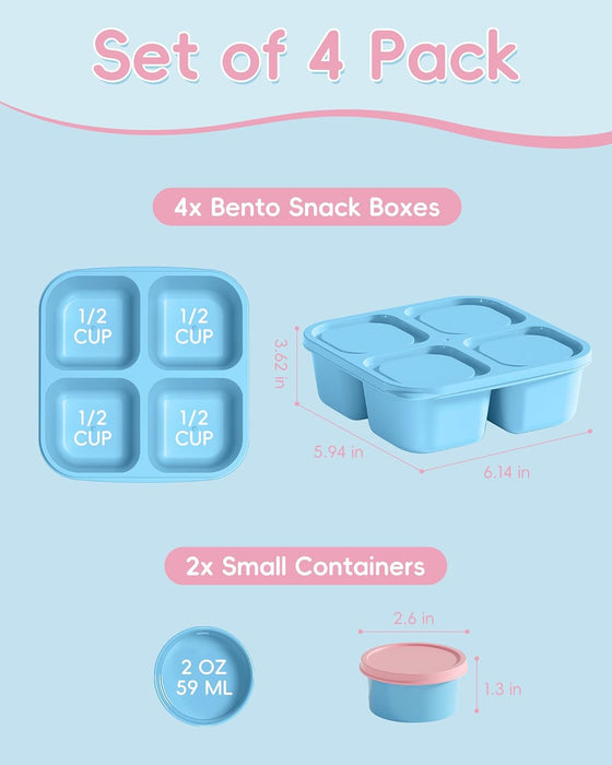 4 Pcs Snack Box Containers Set, Reusable 4 Compartment Lunchable Container with 2Pcs Sauce Containers, Stackable BPA-Fre