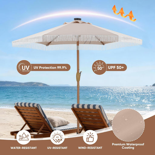 7.5FT Fringe Patio Outdoor Umbrella with LED Solar Lights