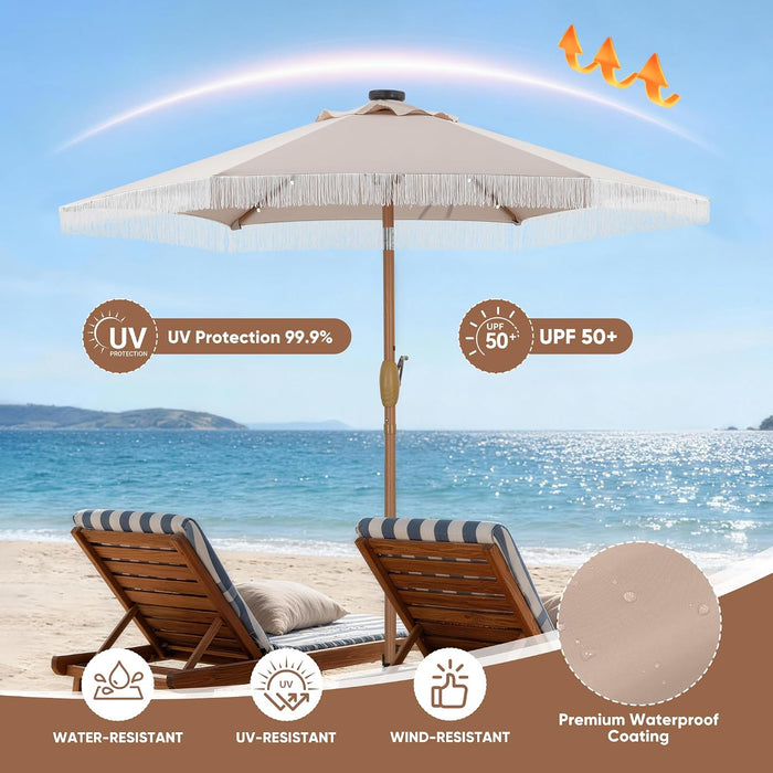 7.5FT Fringe Patio Outdoor Umbrella with LED Solar Lights