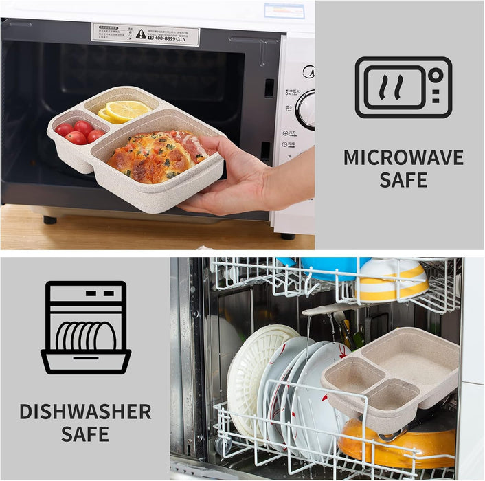 4 Pack Bento Lunch Box Set 3 Compartment Food Storage Containers Wheat Straw Meal Prep Lunch Box Plastic Food Storage Co