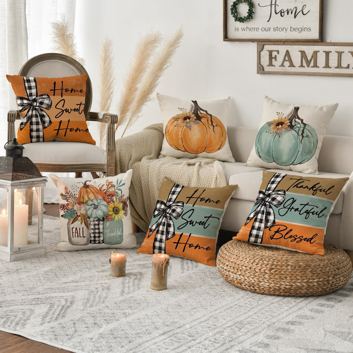 Fall Pumpkin Home Sweet Home Throw Pillow Covers, 18 x 18 Inch Autumn Thankful Grateful Blessed Harvest Floral Decoratio
