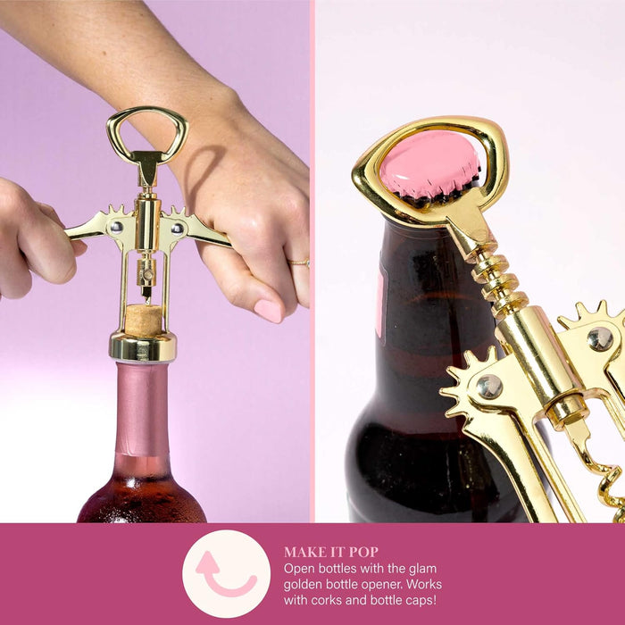 Wine Bottle Chiller Set, Insulated Double Wall Chiller, Gold Winged Corkscrew Wine Bottle Opener, Diamond Wine Stopper, 3-Piece Set, Pink