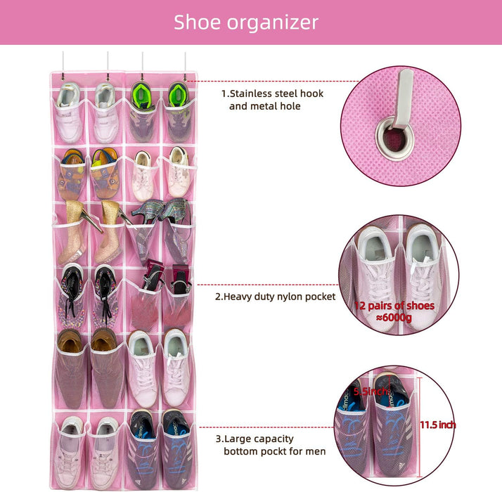 Hanging Shoe Organizer, Over The Door Shoe Organizer with 24 Breathable Mesh Pockets for Men Women Kids Hanging Shoe Sto