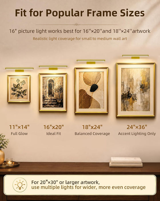 Picture Light for Wall, 4800mAh Rechargeable Wireless Remote, 16‘’ Dimmable Magnetic LED Art Display Light with 3 Color Temperatures, for Gallery, Living Room, Bedroom, Hallway (Gold)
