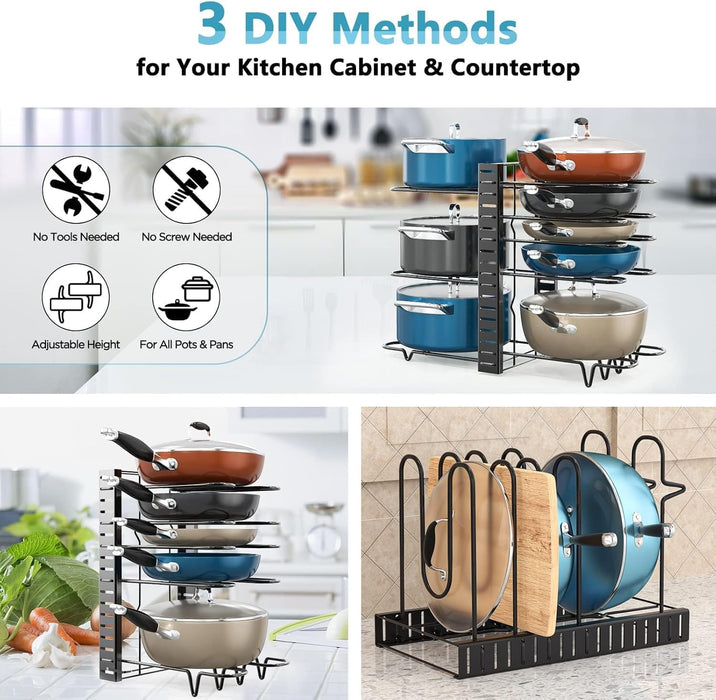 Pots and Pans Organizer Under Cabinet 16.6", 8-Tier Adjustable Rack