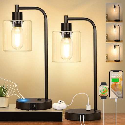 Set of 2 Industrial Touch Control Table Lamps with USB C+A Ports and AC Outlet - 3-Way Dimmable Black Bedside Lamps Nigh