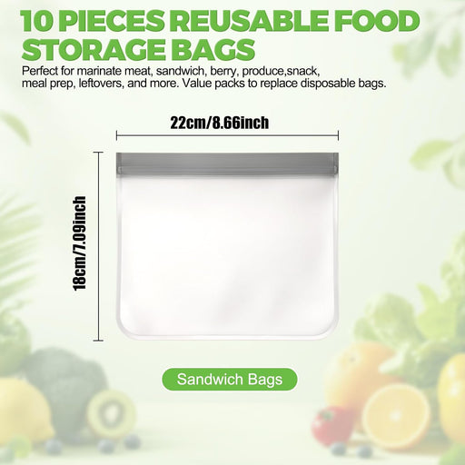 10 Pack Reusable Sandwich Bags, BPA-Free Reusable Food Sorage Bags, Double Zipper Leakproof Freezer Bags Extra Thick Plastic Storage Bags for Sandwich Meal Prep Lunch Marinate Meat Snack