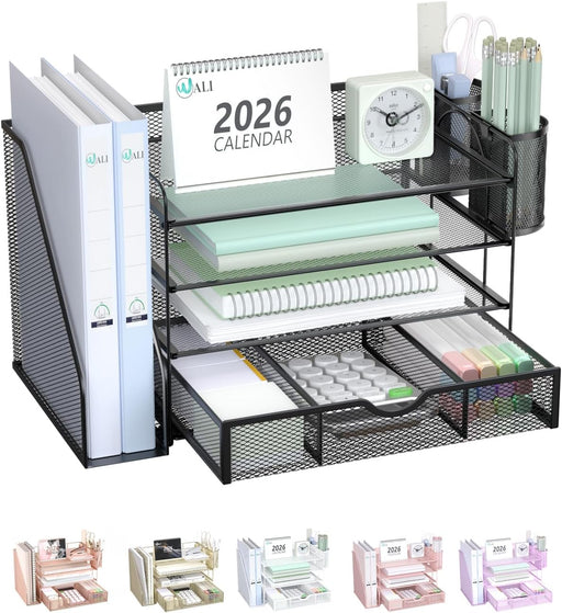 Desk File Organizer, 4 Tier Desktop Paper Letter Tray Organizer with Drawer and 2 Pen Holders, Office Desk Accessories &