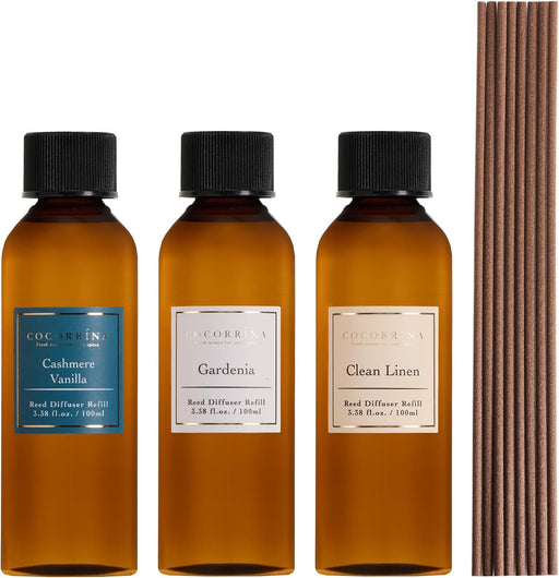 Reed Diffuser Refill Set, 10.2oz Scented Oil Refill 3 Pack, Clean Linen, Cashmere Vanilla, Gardenia, Long Lasting Oil Diffuser Refill with 18 Sticks for Bathroom & Bedroom