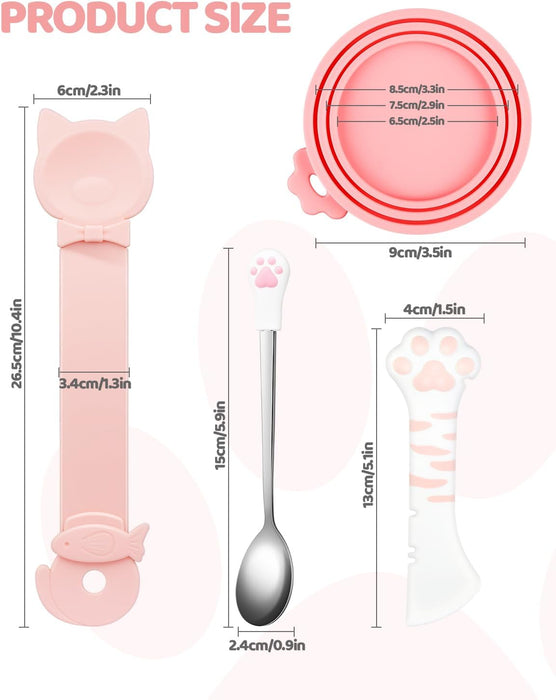5 PCS Cat Food Can Covers Lids Set, Silicone Pet Food Can Lids with Multi-Function Cat Food Spoon and Opener, Cat Bar Sq