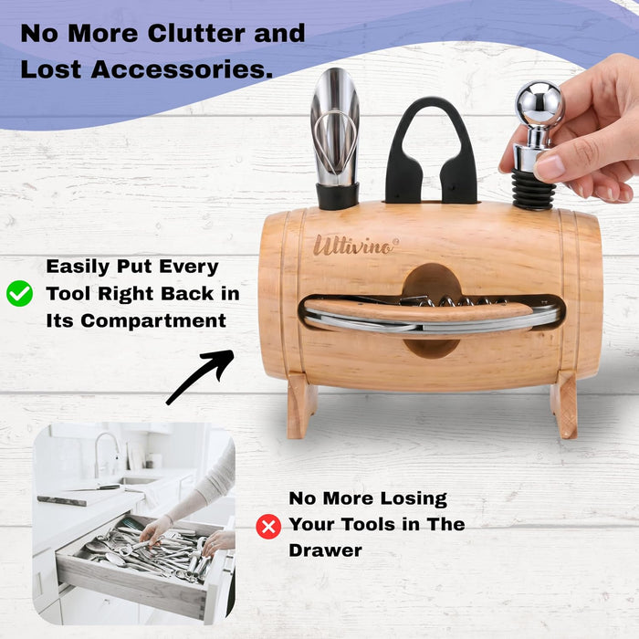 4-in-1 Cask Shaped Wine Essentials Gift Set with Wood Bottle Opener, Wine Pourer, Foil Cutter, and Wine Stopper with Han