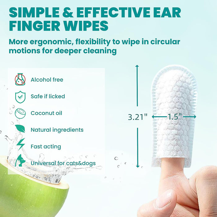 Ear Cleaner Finger Wipes 60 Counts, Dog Ear Cleaner, Grooming Kit Care for Dogs and Cats, Soft & Easy Otic Cleaning Pads